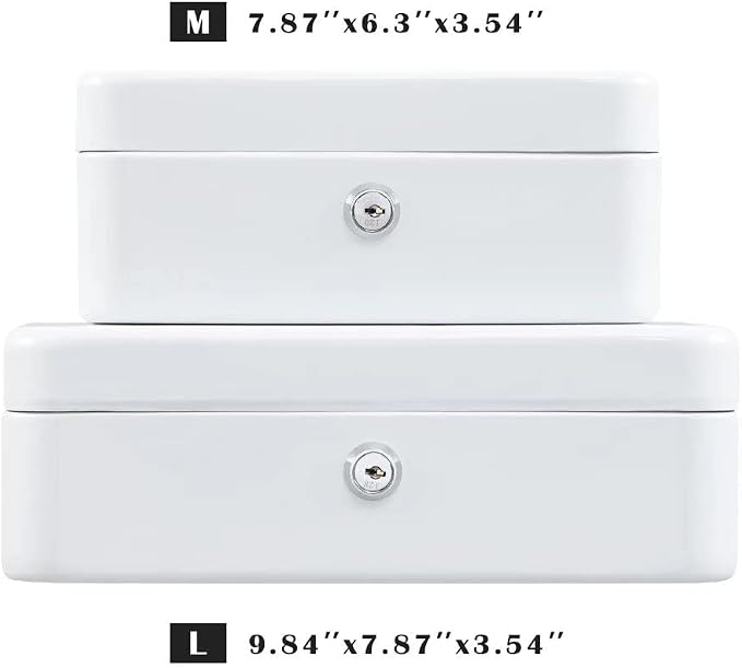 xydled Locking Steel Medium Cash Box with Removable Coin Tray and Key Lock,7.87"x 6.30"x 3.54",White