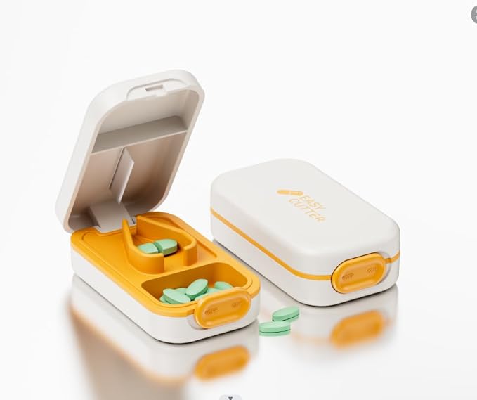 Pill Cutter | Pill Splitter for Small Large Pills | Design in The USA| Cuts Vitamins |- Adjustable Splitter+V-Shape Holder & Detachable Pad, Easy to Clean, Safe for Seniors, Kids, Pets Orange