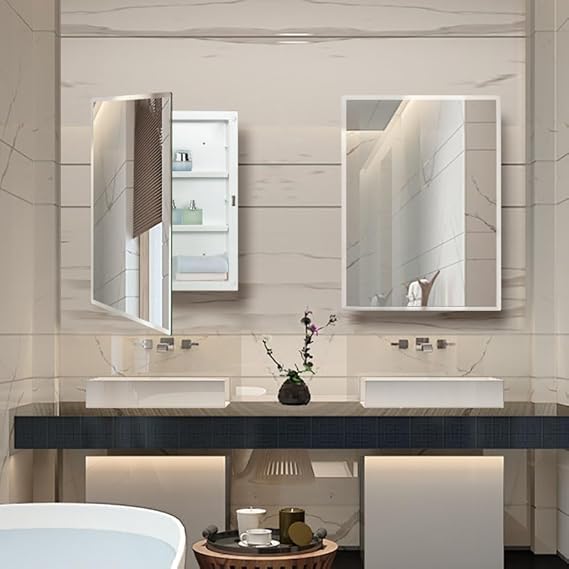 Plastic Bathroom Medicine Mirror Cabinet 16 x 22 inch, Surface and Recessed Mount, Beveled Edge Mirror