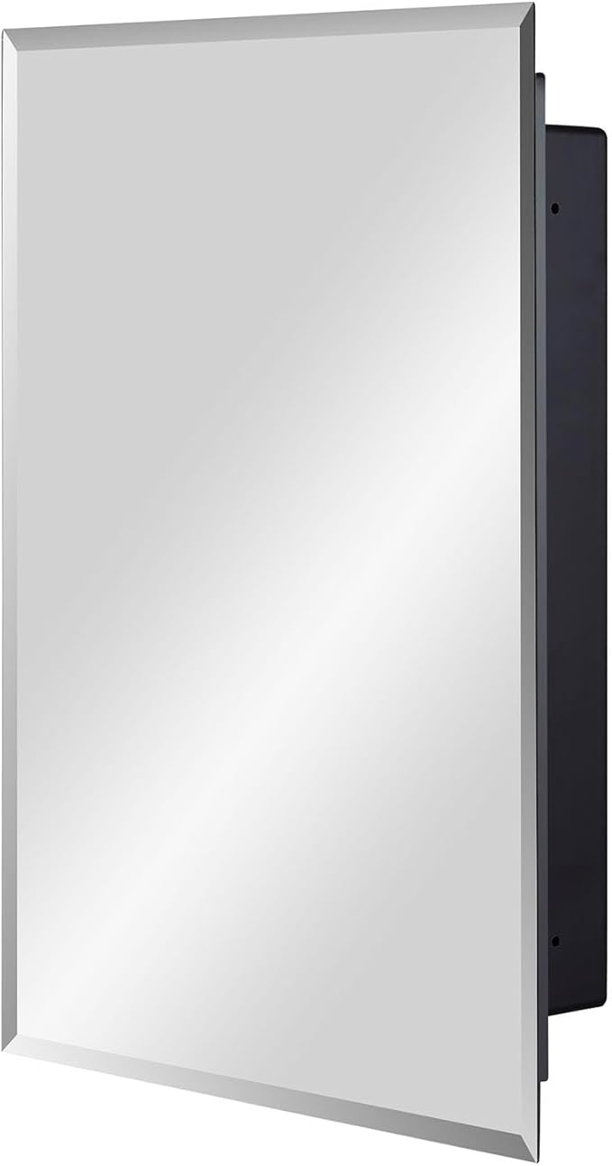 Black Plastic Bathroom Medicine Mirror Cabinet 16 x 22 inch, Surface and Recessed Mount, Beveled Edge Mirror