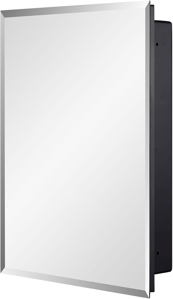 Black Plastic Bathroom Medicine Mirror Cabinet Beveled Edge, 16 x 20 inch, Surface and Recessed Mount