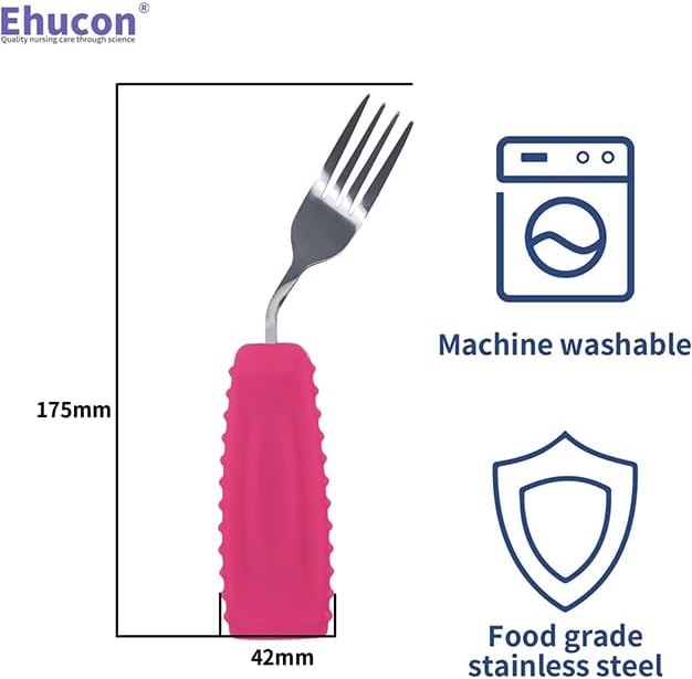 Adaptive Utensils Angled Spoon and Fork for Hand Tremors Parkinsons,Weighted Utensils with Non-Slip Easy Grip Handles for Independent Eating (1pcs Spoon+1pcs Fork=2 pcs,Pink,Left Hand)