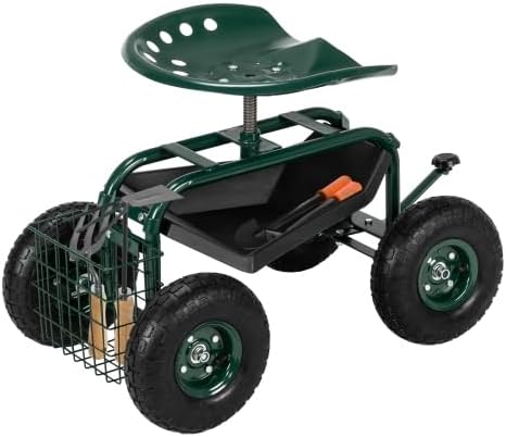 VINGLI Garden Cart with Rolling Seat, Wheels, Steering Handle & Utility Tool Tray, Planting Wagon Scooter, Gardening Tool for Senior, for Patio, Backyard, Lawn & Outdoor (Dark Green)