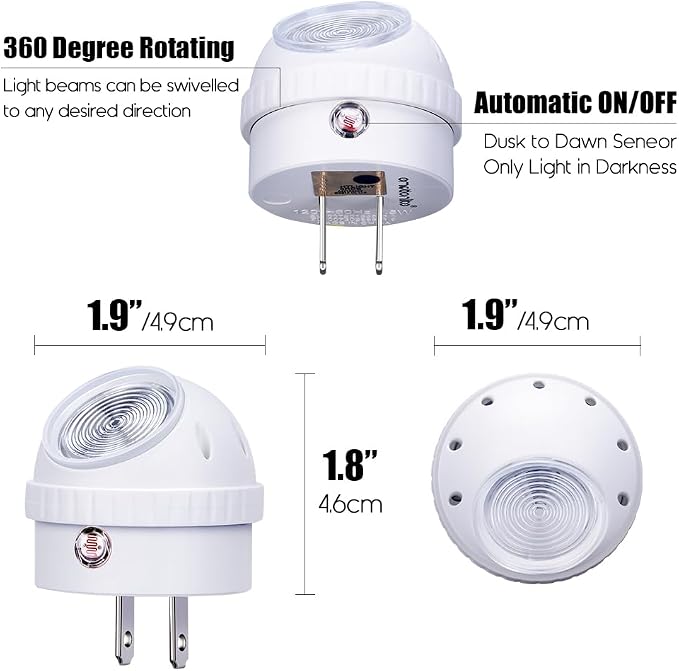 Emotionlite Plug-in LED Night Light Dusk to Dawn Sensor Warm White 4 Pack | 360° Rotatable warm white night light for bedroom, hallway, bathroom, kitchen & stairways