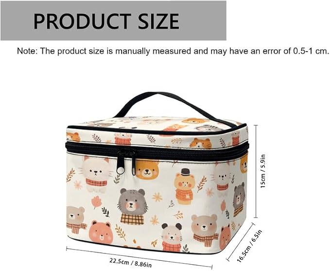Cute Animals Cosmetic Makeup Bag Large Portable Travel Toiletry Organizer for Women, Cartoon Cats Bears Print Make up Organizer with Handle