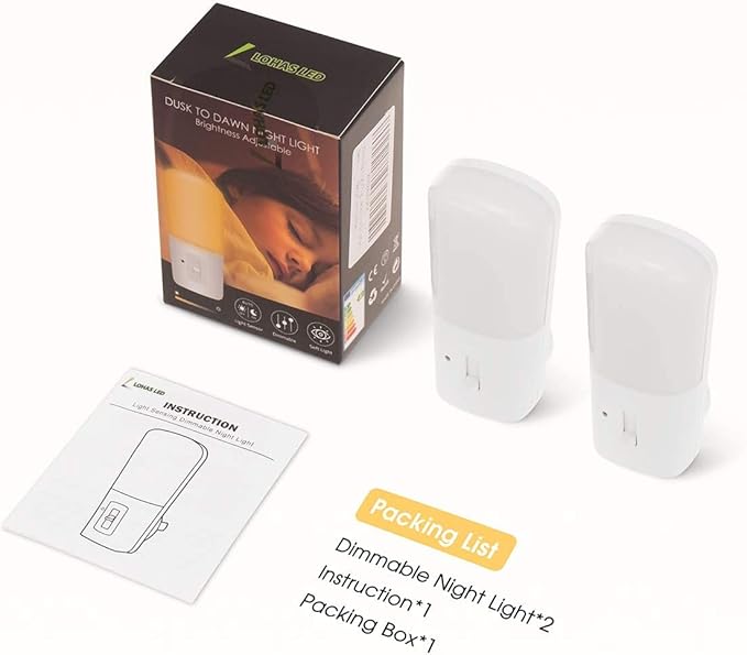 LOHAS-LED Plug in Night Light, Dimmable LED Night Lights Dusk to Dawn 2Pack | Soft White 3000K Sleep Nightlight, Adjustable Brightness 5-80lm Mini Light for Nursery Kids Room Hallway Kitchen