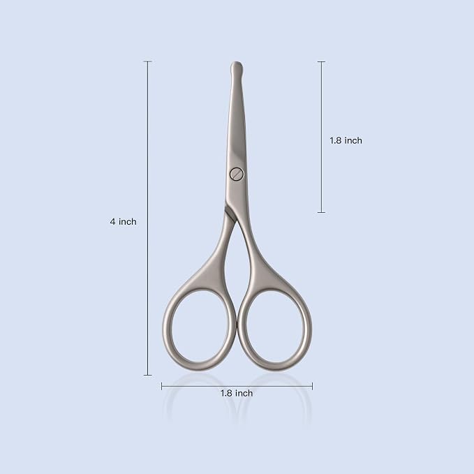 Nose Hair Scissors Safety Round Tip - Stainless Steel Facial Trimmer for Men & Women, Small Grooming Shears for Eyebrow Beard Mustache Ear - with Leather Travel Pouch (Silver)