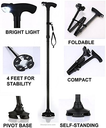 Hurry Before They are Gone - Self Standing Cane - with a Base That has 4 Rubber feet for Stability and Light - Best Walking Cane - As Seen On TV Cane - Foldable - Adjustable - Wrist Strap