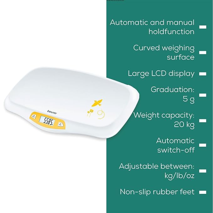 Beurer BY80 Digital Baby Scale, Infant Scale for Weighing in Pounds, Ounces, or Kilograms up to 44 lbs with Hold Function, Pet Scale for Cats and Dogs Analysis