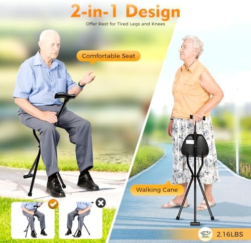 Folding Walking Cane with Seat, Multi-Functional Three Legged Stool, Supports 250 Pounds, Lightweight Anti-Slip Design for Seniors and Elderly