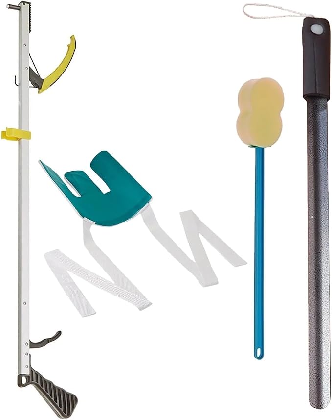 Cubii Health Hip Kit 6, Includes 24" Foam Handle Shoe Horn, 26" Economy Reacher, Flexible Sock & Stocking Aid, & Long Contoured Scrub Sponge, 4-Item Self-Care Pack for Those with Trouble Bending