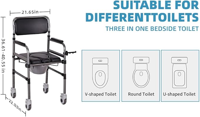 Bedside Commode Chair Foldable Height-Adjustable Toilet Chair with PU Seat 3" Locking Wheels, 400lbs Capacity, 22.8-40.6" Adjustablefoldable Shower Chair (Toilet- Open Type)