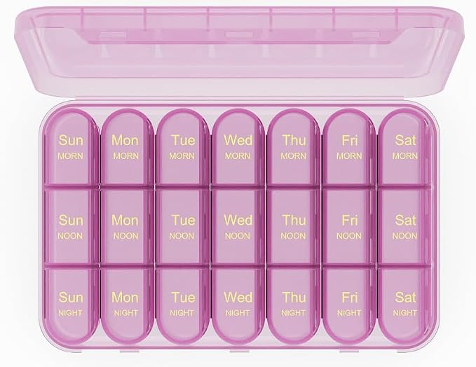 Daviky Pill Organizer 3 Times a Day, Daily Pill Box 7 Day, Weekly Cases Medicine Organizers to Hold Vitamins and Medication (Pink Purple)