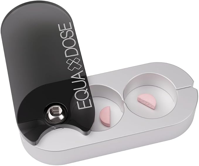 EQUADOSE Pill Splitter with Premium and Durable Aluminum Blades, Safely and Cleanly Cuts Small and Large Tablets, Vitamins, and Pills, Easy Tablet Divider for Accurate Medication Dosing, Black