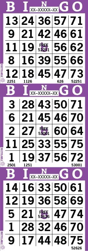 Bingo Paper Sheets – 3 Faces, 12" x 4" – Pack of 500 Disposable Bingo Cards – Recyclable Dauber Paper for Seniors, Adults & Community Events (Purple)