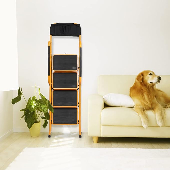Winado 4 Step Ladder with Handrails & ToolBag, 330lbs Folding Step Stool, w/Non-Slip Side Armrests Large Pedal Area, Suitable for Home Office