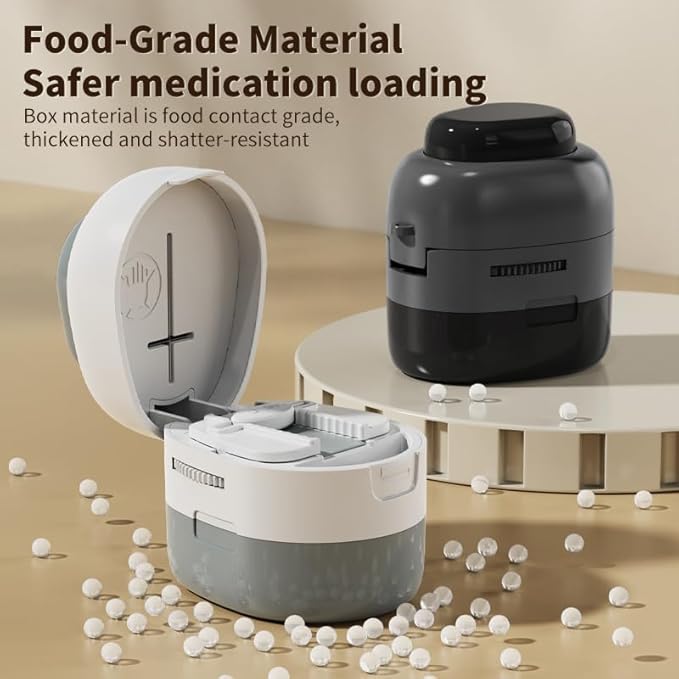 Safe Pill Cutter for Seniors – Easy-Press Vertical Tablet Splitter, Adjustable Pill Holder for All Shapes, Hidden Blade Design, Food-Grade Material & Storage Box – Precise 1/2 & 1/4 Medication Cutting