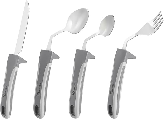 Restaurantware Adaptive Cutlery Set - 1 Set 9.84 x 5.12 x 1.57 Inches - Non-Slip Ergonomic Dining Utensils With Textured Handle - Stainless Steel Gray