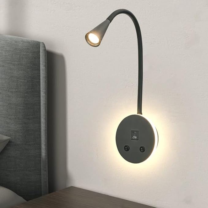 Black Headboard Reading Light with Nightlight, 2 Pack Wall Mounted Reading Lights with Switch, Plug-in Hardwired Reading Lamp for Bedtime Reading, Gooseneck Reading Sconces for Bedroom, Bedside