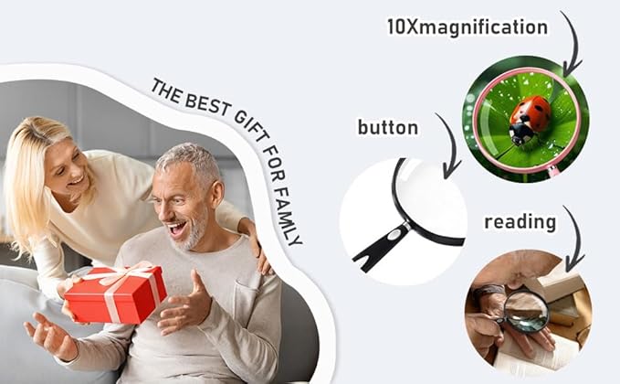 Feosky Handheld Reading Magnifier, 10X Magnifier, 130mm Shatterproof Lens, Non-Slip Handle for Adults Close Work, Seniors Reading and Nature Exploration, Hobby Observation(Pink)