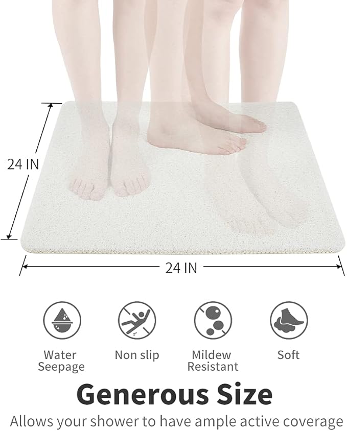 Non Slip Shower Mat, Comfortable Bath mat for Textured Surface,Quick Drying Easy Cleaning Shower Floor Mat for Wet Area,Without Suction Cups 24 x 24 (24"x24", White)