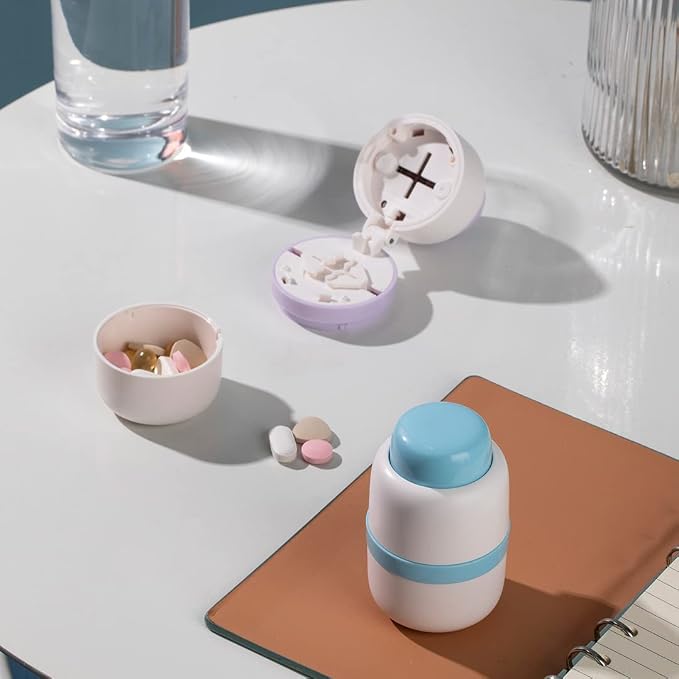 Pill Cutter for Making 1/4 and 1/2 Pills, Pill Cutter for Small or Large Pills, Hidden Safety Blade. Portable Pill Cutter for Going Out or Traveling, Doubles as a Pill Box (Blue)