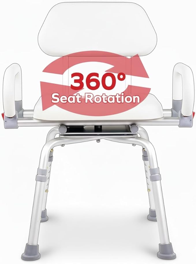 Revolution Pivoting Shower Chair for Bathtub, Adjustable Swivel Seat with Padded Back and Arms, Adjustable Space Saving Design for Tubs, Shower, for Elderly, Handicap & Seniors, White