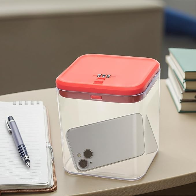 Clear Lockable Storage Box with Combination Lock - Heavy Duty Medicine,Food,Snack & Electronics Organizer Jar,Childproof Phone Jail,Gaming Device Lockbox Container Tank,Self Control Prize Bin (Red)