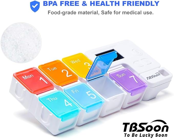 7 Day Medicine Pill Organizer, 4 Reminder Alarms, Loud Sound, 7 Large Compartments, Large Screen, Moisture-Proof, Dust-Proof, Travel Weekly/Daily Pill Box/Organizer/Case/Container/Dispenser, TBSoon