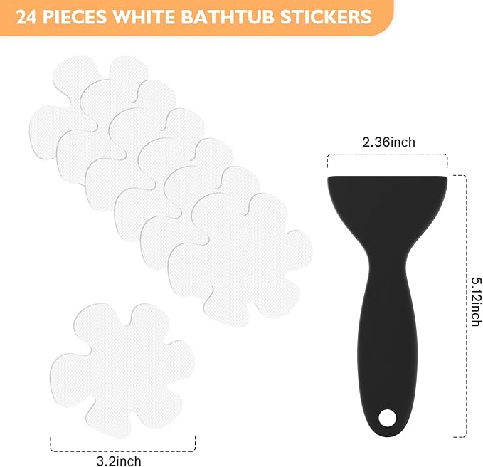 Non Slip Bathtub Stickers, 24 PCS Shower Stickers for Safety Bathroom Tubs, Bathtub Non Slip -Sticker and Adhesive Decals Scraper for Bath Tub, Shower Floor, Stairs, Ladders(Flower Shape, White)