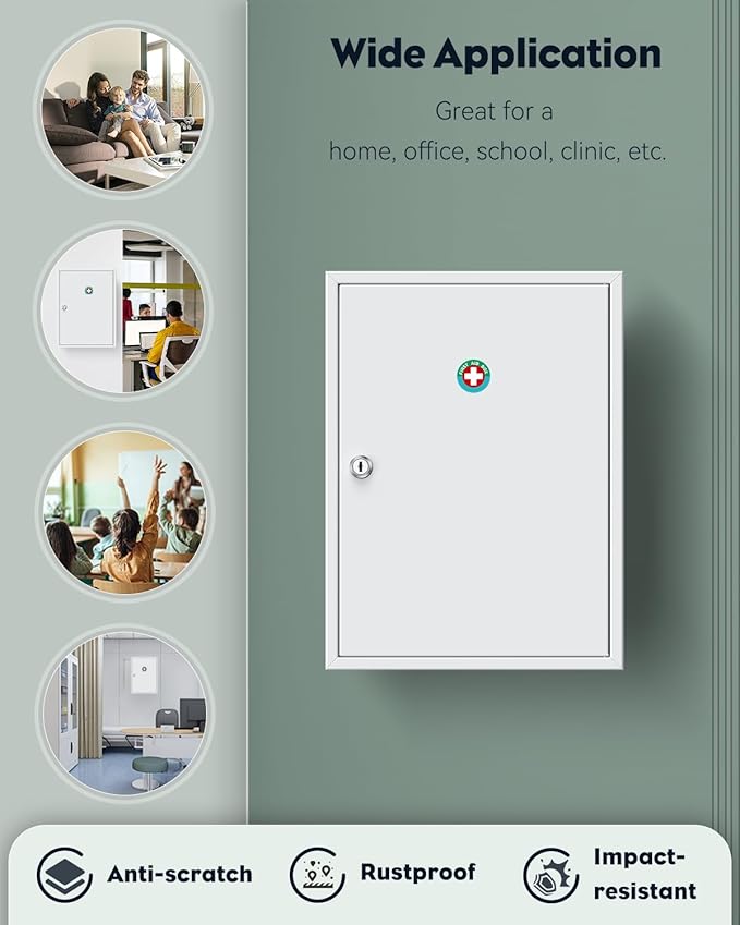 Uniclife Wall Mount Medicine Cabinet with Key Lock, Locking First Aid Cabinet, Lockable Medical Cabinet, Large Capacity Medicine Organizer, Secure Steel Wall Cabinet Metal Storage Box, White