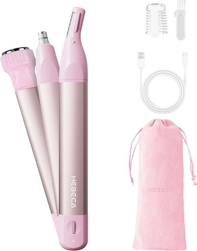 HEBECA Nose Hair Trimmer for Women 3in1 Facial Hair Removal Trimmer - Metal Body, Rechargeable, Waterproof, Portable - Nose, Ear, Eyebrow, Peach-Fuzz, Lips, Chin (Pink)