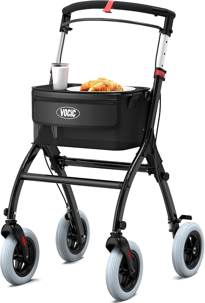 VOCIC Z32 Narrow Walkers for Small Spaces, Quiet Anti-Slip Tires, Tray | Foldable & Lightweight Indoor Rollator Navigates Small Spaces, Easily Passes Tight Doors, Tray & Pouch for Home Tasks, Black