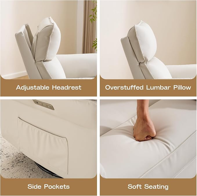 Power Nursery Recliner with Auto Rocking,Oversized Swivel Rocker Recliner with Massage and Heat,Glider Recliner Nursery Chair with Adjustable Headrest for Living Room and Bedroom,Faux Leather,Beige
