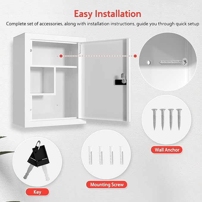 Wall-Mount Locking Medicine Cabinet: Large Metal Storage Organizer Box with Combination & Key Lock - First Aid Medicine Cabinet 3-Compartment Design for Bathroom Home (15.75" H x 11.82" W x 4.72" D)