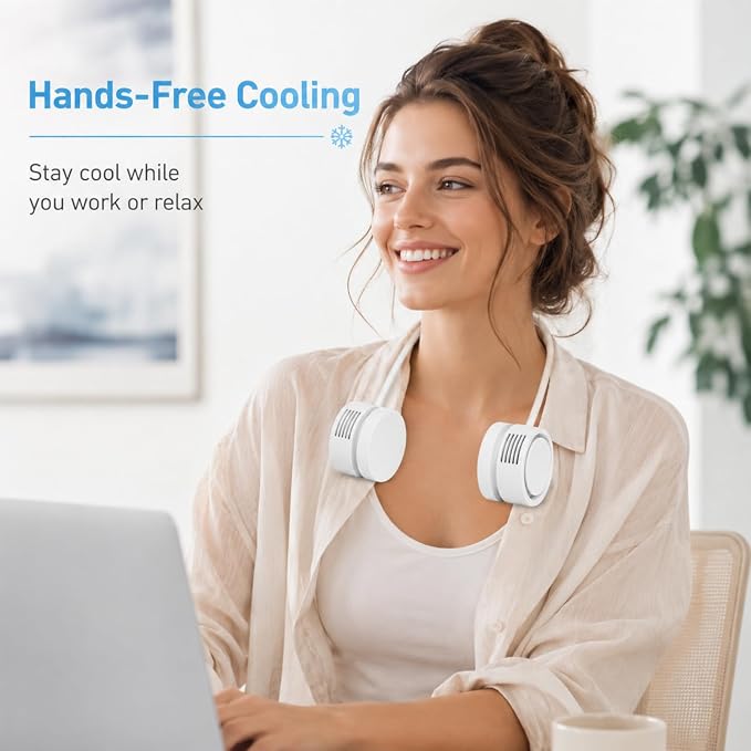 Neck Fan, Portable Bladeless Neck Fans, 4000mAh Foldable Rechargeable Bladeless Fan, 3 Speeds & Enhanced Cooling Power, Hands-Free USB Personal Fan for Men, Women, Outdoor, Travel, Ideal Gift(White)