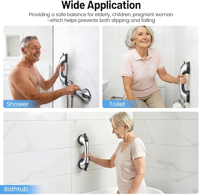 2 Pack Grab Bars for Shower Handle, Elderly Assistance Products, Seniors Removable Bar Safety, Suction Cup Handles for Bathtubs and Showers/Bathroom/Walls, Heavy Duty Handrails Grip,No Drilling Sliver