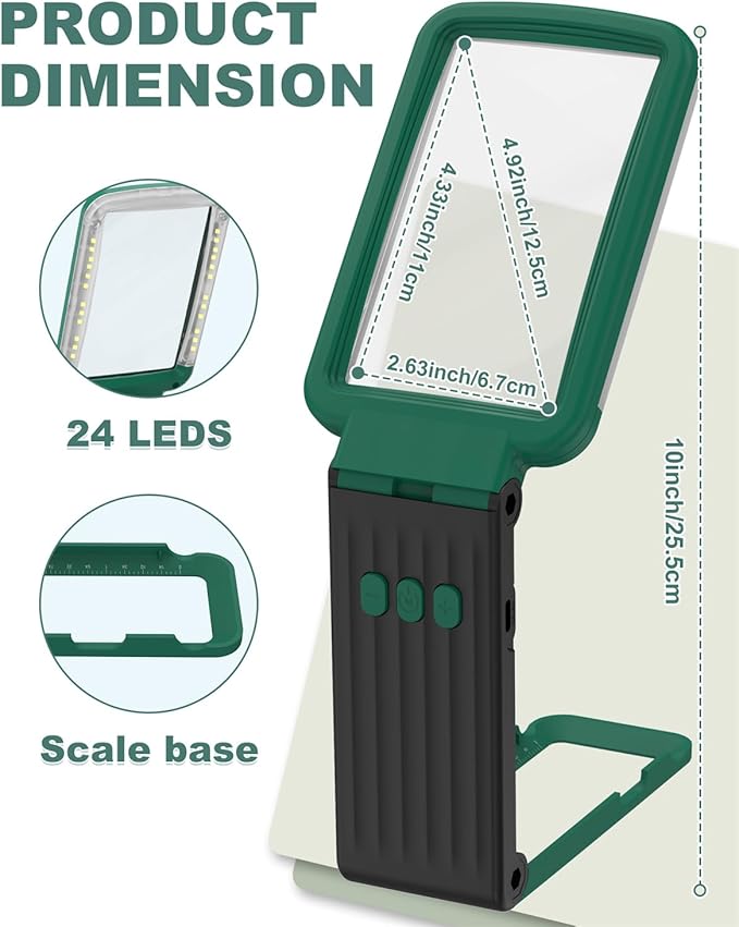 15X Magnifying Glass with Light and Stand, Rechargeable Folding Handheld Real Glass Magnifier, 3 Color Modes Dimmable Lighted Page Magnifying Sheet for Seniors Low Vision Small Prints - Green Black