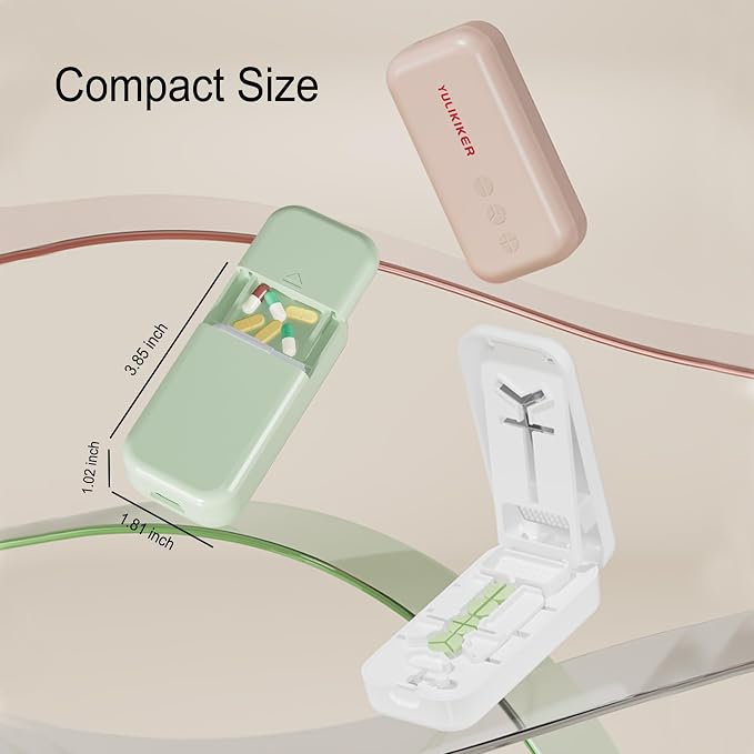 Precision Pill Cutter with Centering Guide - Multi-Angle Tablet Splitter for 1/2, 1/3 & 1/4 Cuts, Includes Pill Crusher & Storage Compartment (Green)