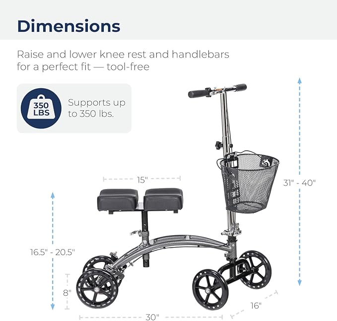 Drive Medical 796 Adjustable Height Steerable Knee Walker Knee Scooter Leg Walker Crutch Alternative, Dual Pad with Basket and Hand Brake 350 Pound Weight Cap