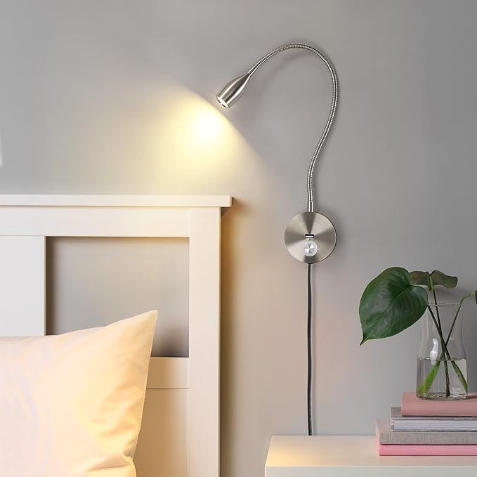 LED Wall Reading Light with USB Charging Port, Dimmable Gooseneck Bedside Lamp, Flexible Arm, 3W, (Nickel, 120V Plug in, Warm White)