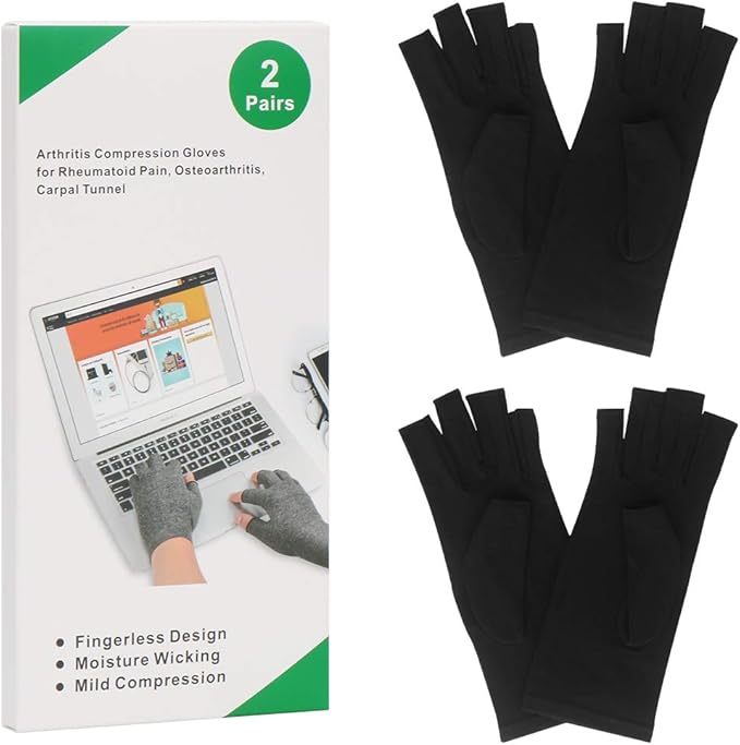 2-Pair Arthritis Compression Gloves for Alleviate Rheumatoid Osteoarthritis, Carpal Tunnel Raynauds Disease, Fingerless Design Breathable & Moisture, Women and Men (Black, Large)