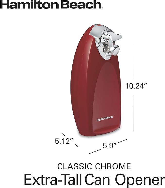Hamilton Beach Classic Chrome Electric Can Opener with Automatic Shutoff | Patented SureCut Technology Easily Aligns Can | Knife Sharpener | Cord Storage | Extra Tall | Red | 76388J