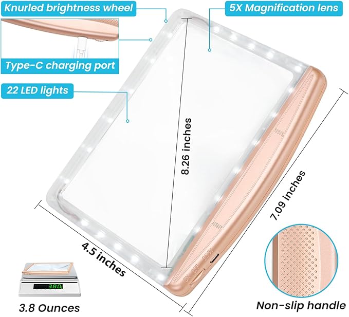 Rechargeable 5X Magnifying Glass for Reading, Large Bright Full Page Magnifier with Light, Handheld LED Dimmable Lighted, Lightweight Book Magnifier for Reading Prints Seniors - Rose Gold