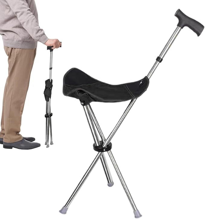 Cane with Chair - 50cm Oxford Cloth Walking Stick, Anti Slip Mobility Aid Stool, Fold Seat for Elderly Adults, Steel Frame Oxford Cloth Support | Portable Travel Hiking Camping Outdoor Convenient