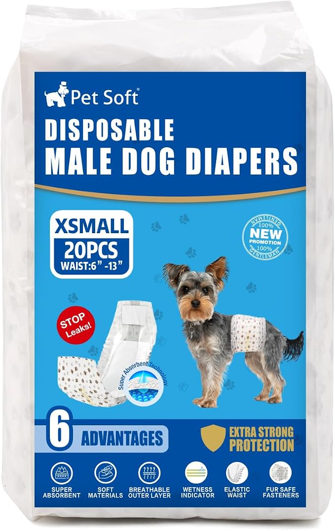 Pet Soft Dog Diapers Male - Disposable Male Dog Wraps Wetness Indicator, Ultra Absorbent Doggie Diapers Comfortable for Incontinence Excitable Urination, 20pcs XSmall