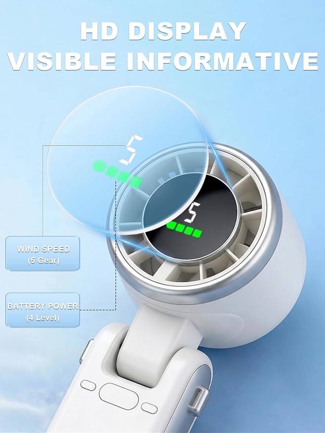 Portable Handheld Turbo Fan, 5 Gear Wind, Battery Operated, Up to 13 Working Hours Rechargeable Fan, 3 IN 1 Hand Fans with Air Turbo Tech Cooling Fan for for Travel, Beach, Outdoor - White