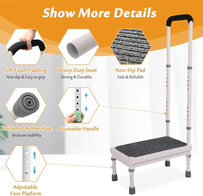 Step Stool with Handle for Elderly Adults, High Beds Steps Heavy Duty Metal Stepping Stool Mobility Aids Stand Assist, Medical Adjustable Bariatric Step Stool for Kitchen, Bedside, SUV, Bath - 400 lbs