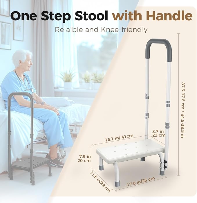 FORTEMOTUS Medical Step Stool with Handle for Elderly - Sturdy Lightweight Step Stool for Bedside for Adults, Non-Skid Rubber Platform Stepping Stool, Safely Supports up to 330 Pounds,White