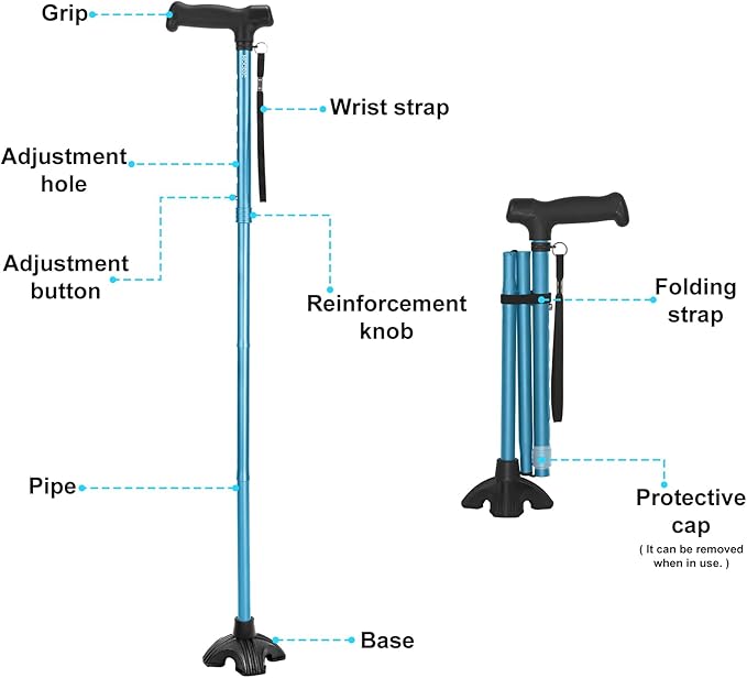 Walking Cane for Men and Women, Extended Grip; Solid Base; Foldable; Adjustable Heights; Lightweight; Free Standing; Portable Canes for Seniors Heavy Duty (Blue)